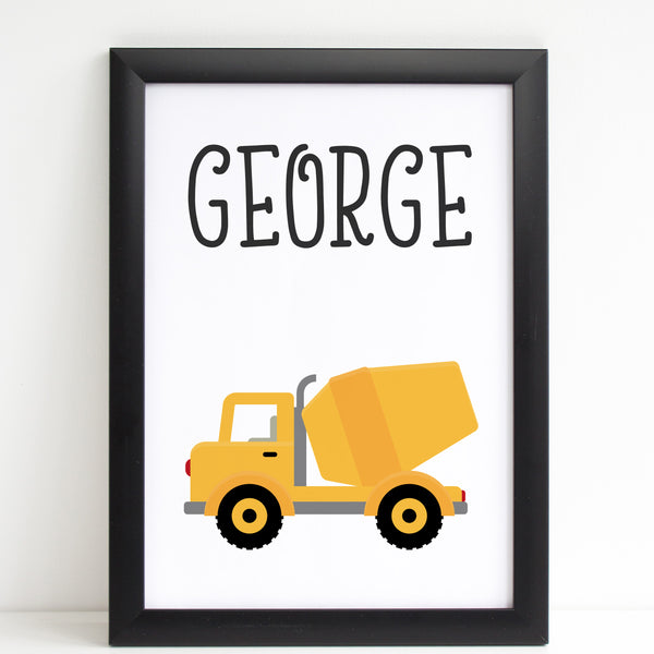 Cement Truck, Personalised Construction Print, Kids Name Bedroom Decor