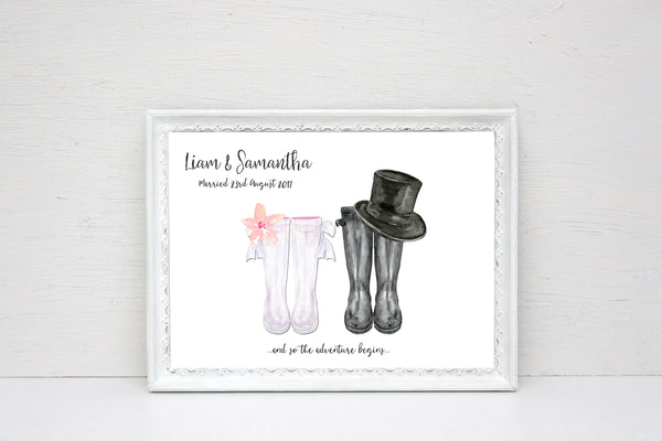 Personalised Wellington Boot Wedding Print Customised Rain Boot Wall Art Gift