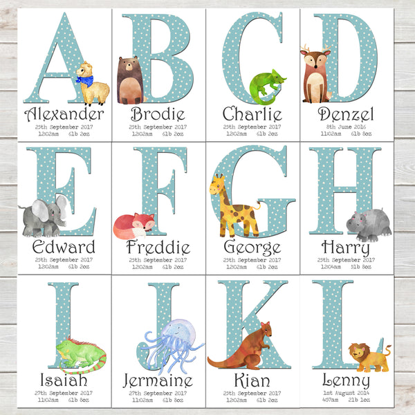 Boys Initial Personalised Print with Animal for Nursery Bedroom, New Baby Alphabet Gift