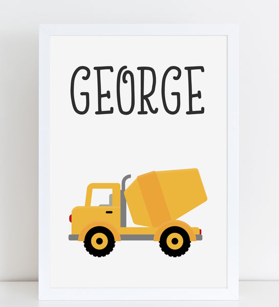 Cement Truck, Personalised Construction Print, Kids Name Bedroom Decor