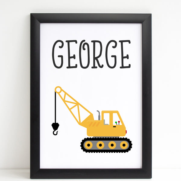 Crane, Personalised Construction Print, Kids Name Bedroom Decor
