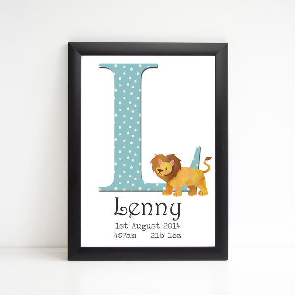 Boys Initial Personalised Print with Animal for Nursery Bedroom, New Baby Alphabet Gift