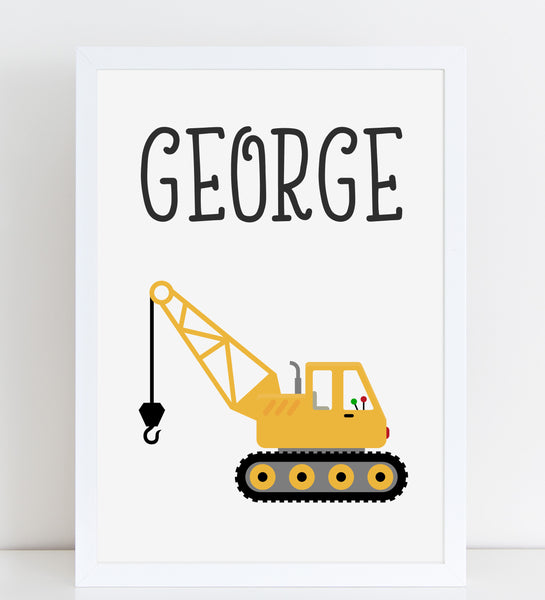 Crane, Personalised Construction Print, Kids Name Bedroom Decor