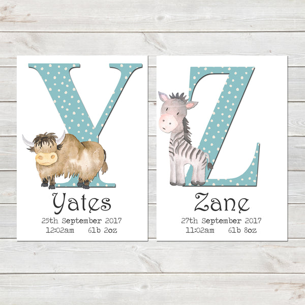 Boys Initial Personalised Print with Animal for Nursery Bedroom, New Baby Alphabet Gift