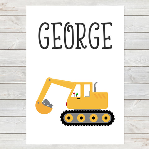 Digger, Personalised Construction Print, Kids Bedroom Decor