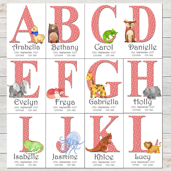 Girls Initial Personalised Print with Animal for Nursery Bedroom, New Baby Alphabet Gift