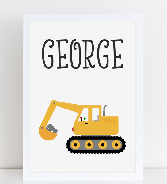 Digger, Personalised Construction Print, Kids Bedroom Decor