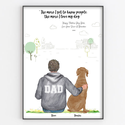 Fathers Day Pet Portrait, Man and his Dog or Cat, Sentimental Personalised Gift for Dad