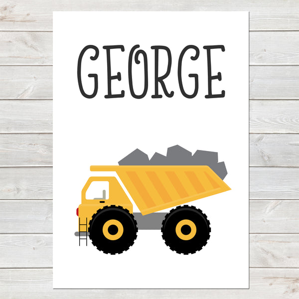 Dump Truck, Personalised Construction Print, Kids Name Bedroom Decor