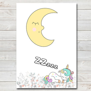 Unicorn Sleeping, Moon Bedroom Print / Personalised Nursery Decor