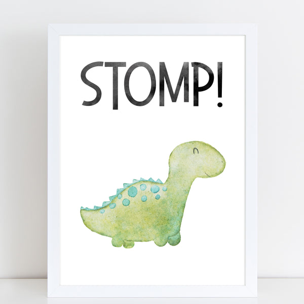 Dinosaur Stomp! Print, Cute Bedroom Print for Kids, Fun Gift
