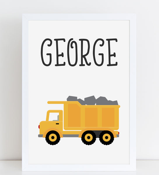Truck, Personalised Construction Print, Kids Name Bedroom Decor