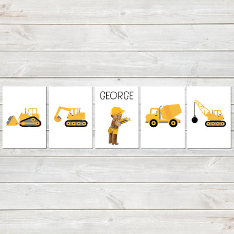 Construction Print Set, Nursery/Kids Bedroom Personalised Posters, Digger Set of 5