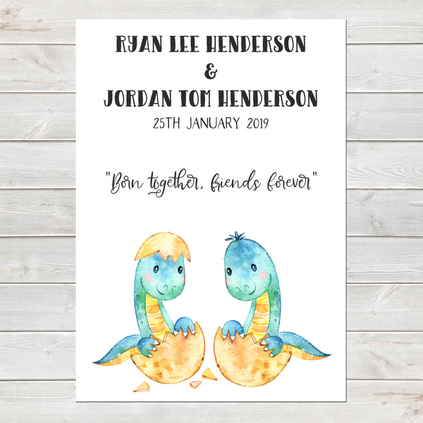 Baby Dinosaur Twins Print, Cute Birth Announcement, Neutral Personalised Gift