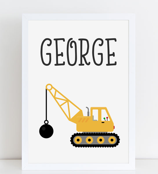 Crane with Wrecking Ball, Personalised Construction Print, Kids Name Bedroom Decor