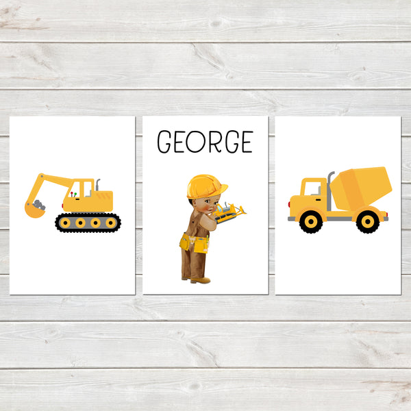 Construction Print Set, Nursery / Kids Bedroom Personalised Posters, Digger Set of 3