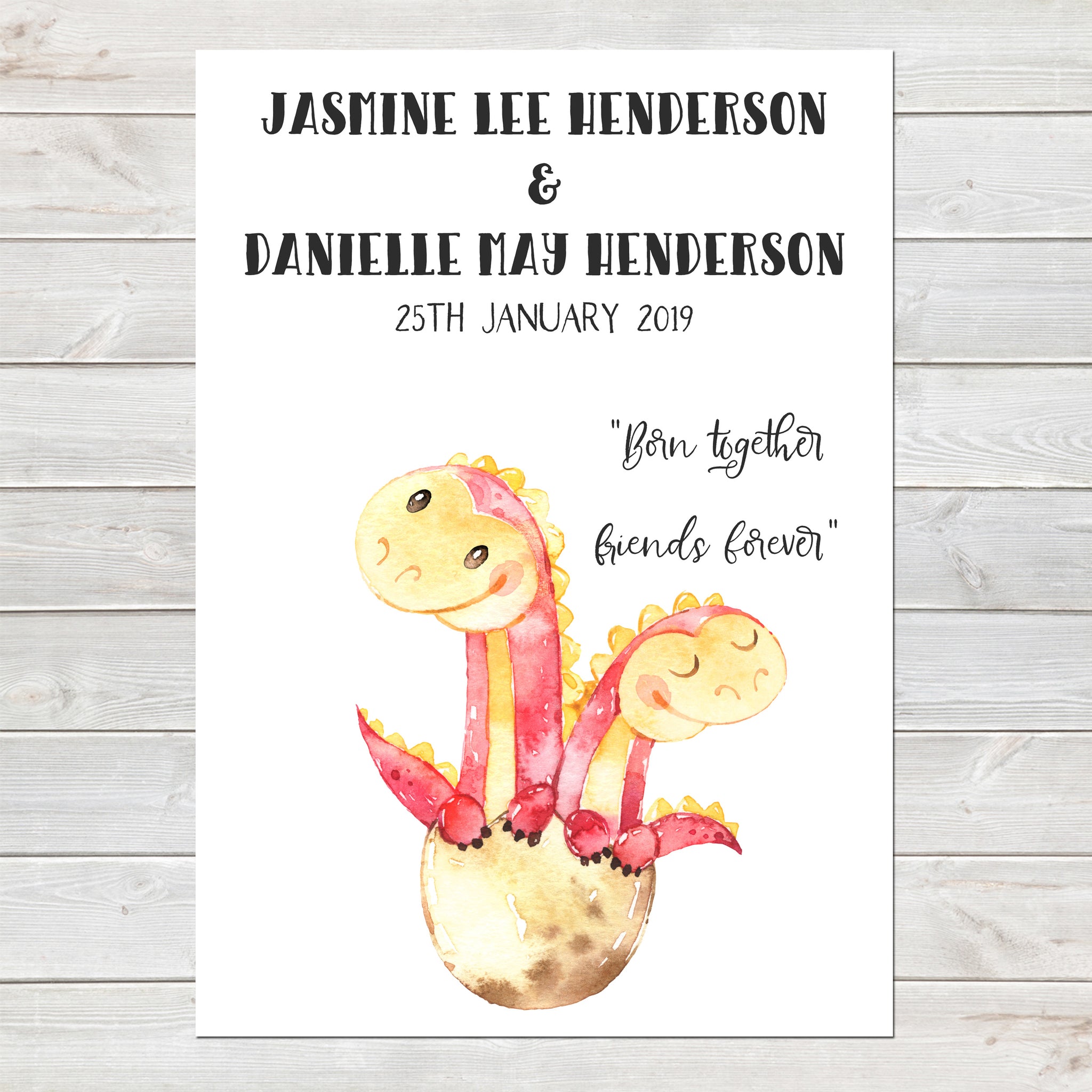 Baby Dinosaur Twins Print, Cute Birth Announcement, Girls Personalised Gift