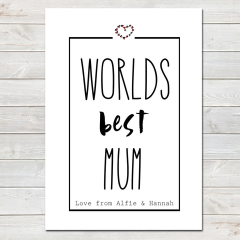 Mothers Day Print 'Worlds Best Mum' Fun Personalised Poster Gift for Her