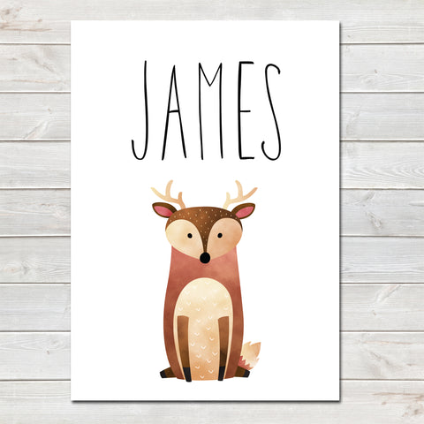 Deer Children's Poster, Personalised White Nursery Print