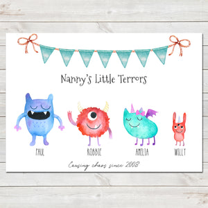 Little Monsters Children Family Print, Personalised Poster Gift