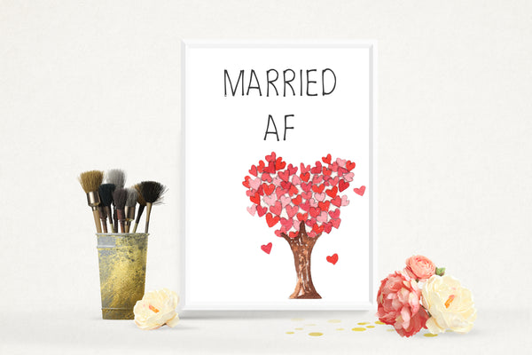 Wedding Party Married AF (As F***) Funny Tree of Hearts Poster / Photo Prop / Sign