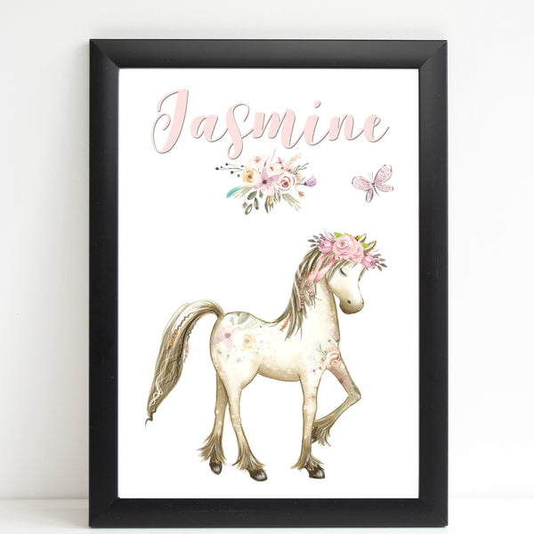 Boho Horse Floral Name Print, Personalised Pony Bedroom Print for Kids
