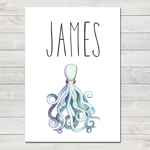 Octopus Children's Poster, Personalised White Nursery Print
