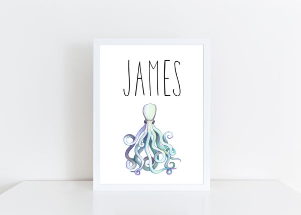 Octopus Children's Poster, Personalised White Nursery Print