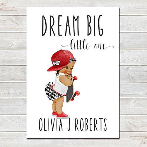 Dream Big Little One Personalised Poster Little Girl Skater Light Brown Skin