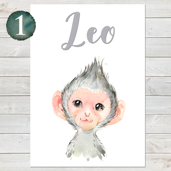 Baby Grey Monkey Print, Cute Personalised Animal Print for Kids